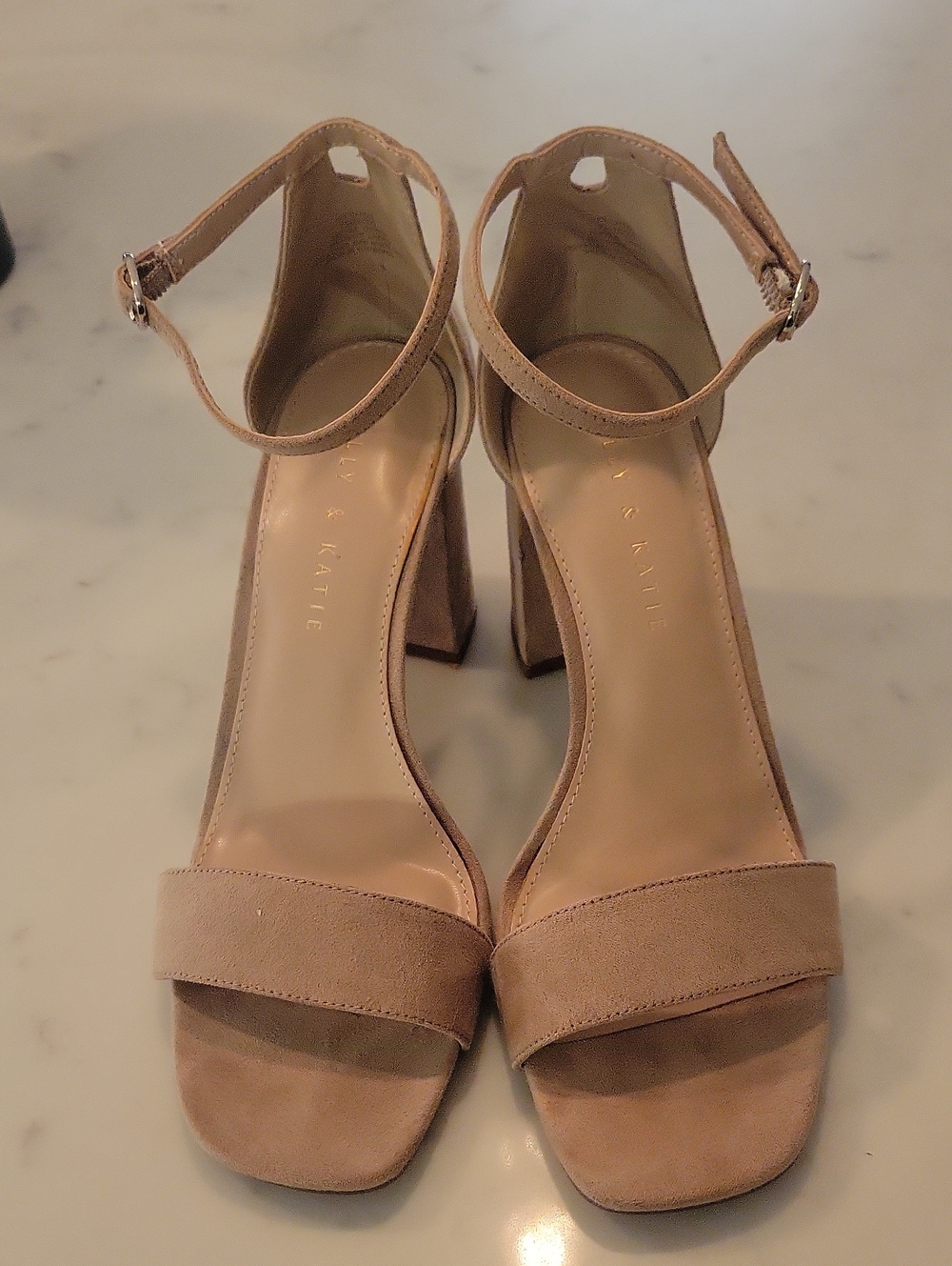 Kelly & Katie Nude/Tan Suede Ankle-Strap Block Heels